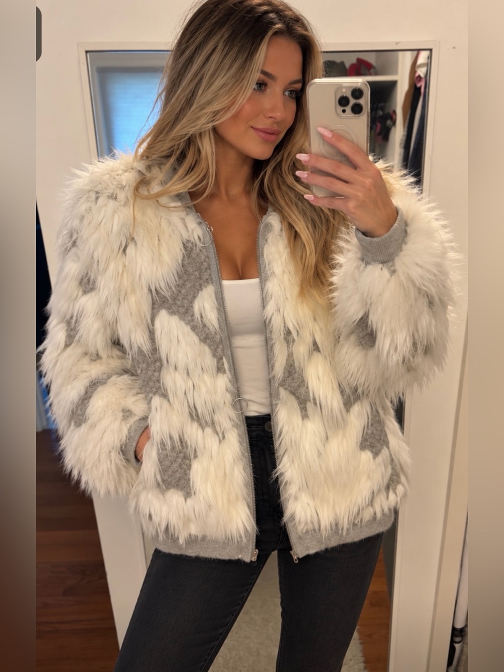 Zara Cream and Light Gray Faux Fur Teddy Jacket
